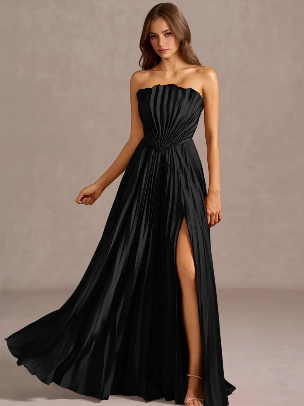 NWT Azazie (US 26) Kaia Plus size Black Strapless Pleated Evening Gown